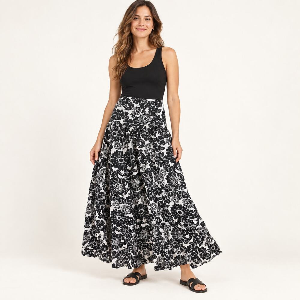 By Anthropologie Black White Floral Tiered Maxi Skirt L